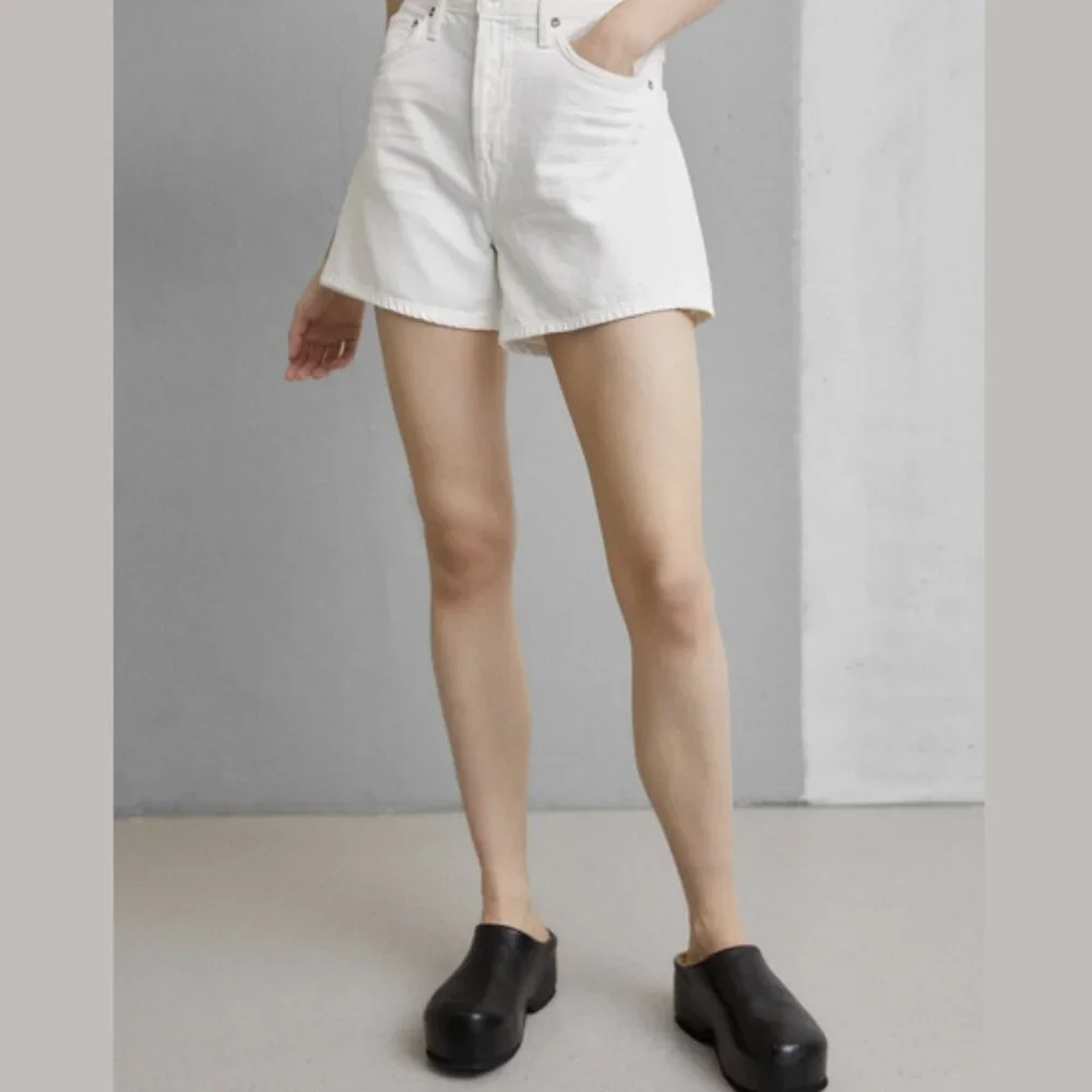 30 Agolde High Rise Short Parker Long Organic Cotton White Button Closure Denim - Picture 2 of 16